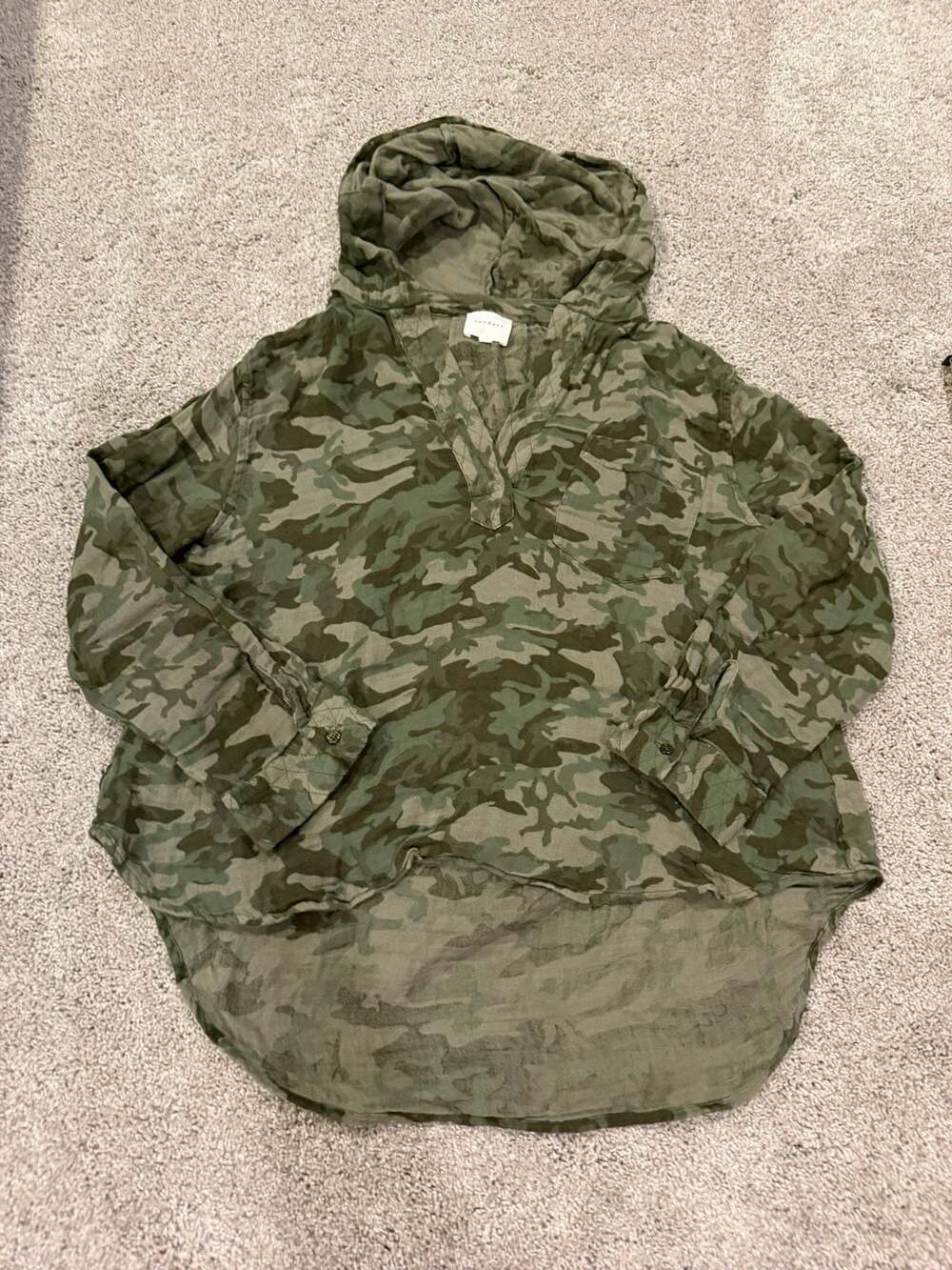 Sundays Women Green Camouflage Gauzy V-Neck Hooded Top